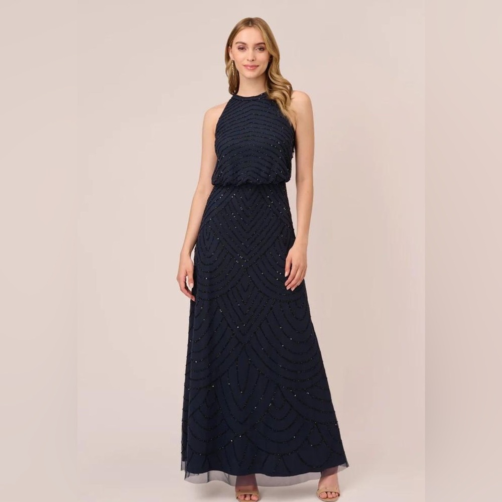 Adrianna Papell SZ 6 NWT Navy Beaded Halter Gown MOB Formal Art Deco Evening